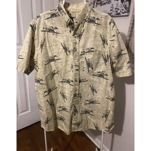 Woolrich Short Sleeve Button Up Shirt Mens Lg Green Airplane